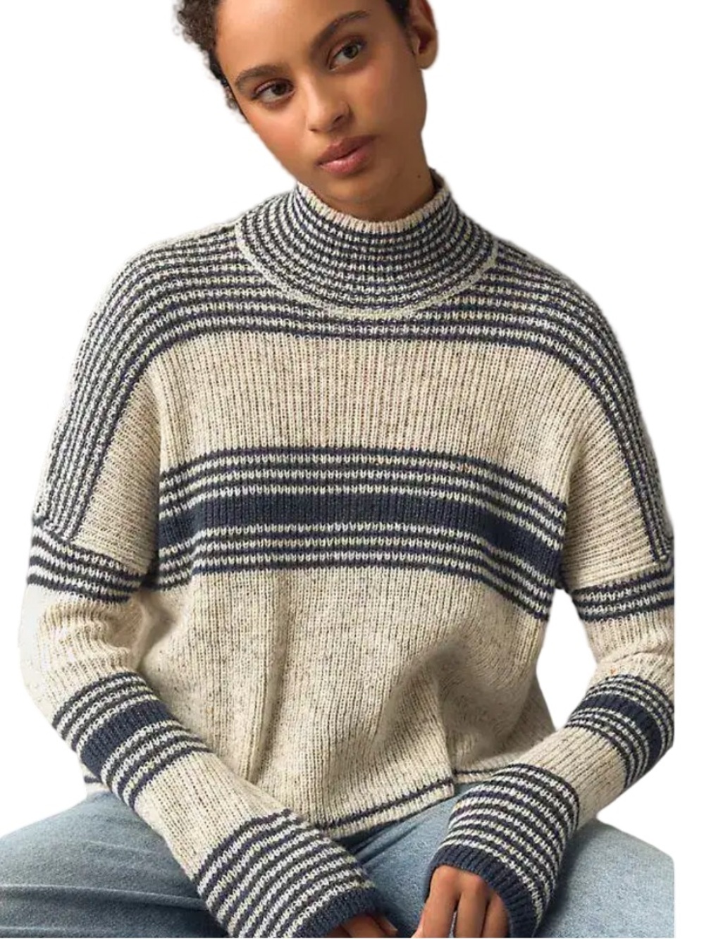Anthropologie Cream and Navy Striped Ribbed Texture Knit Turtleneck Sweater